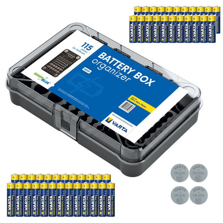 GreenBlue Varta Box GB189 органайзер за батерии + 22x Varta Industrial AA батерии + 25x Varta Industrial AAA батерии + 4x Varta CR2032 литиеви батерии
