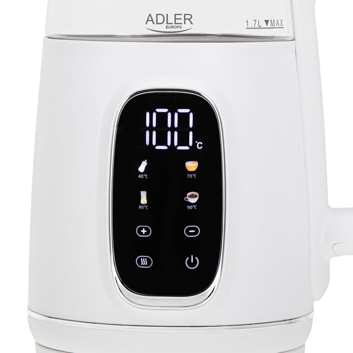 1,7 л стъклена електрическа кана с терморегулатор, LED, 40–100 °C, Adler AD 1305 WS бяла