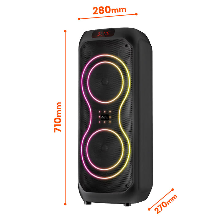 Голям Bluetooth високоговорител, 120 W RMS/1400 W PMPO, два 8-инчови високоговорителя, еквалайзер, караоке функция, MP3/microSD карти, USB, AUX, BT 5.3+EDR, дисплей, LED, вградена батерия, дистанционно управление, MT3185