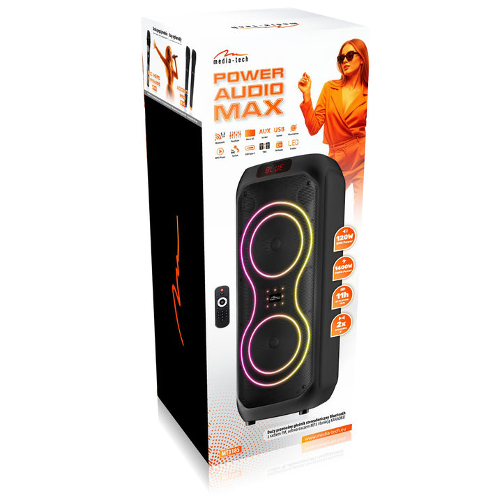 Голям Bluetooth високоговорител, 120 W RMS/1400 W PMPO, два 8-инчови високоговорителя, еквалайзер, караоке функция, MP3/microSD карти, USB, AUX, BT 5.3+EDR, дисплей, LED, вградена батерия, дистанционно управление, MT3185