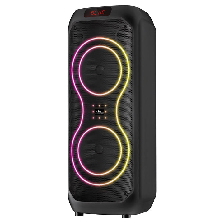Голям Bluetooth високоговорител, 120 W RMS/1400 W PMPO, два 8-инчови високоговорителя, еквалайзер, караоке функция, MP3/microSD карти, USB, AUX, BT 5.3+EDR, дисплей, LED, вградена батерия, дистанционно управление, MT3185