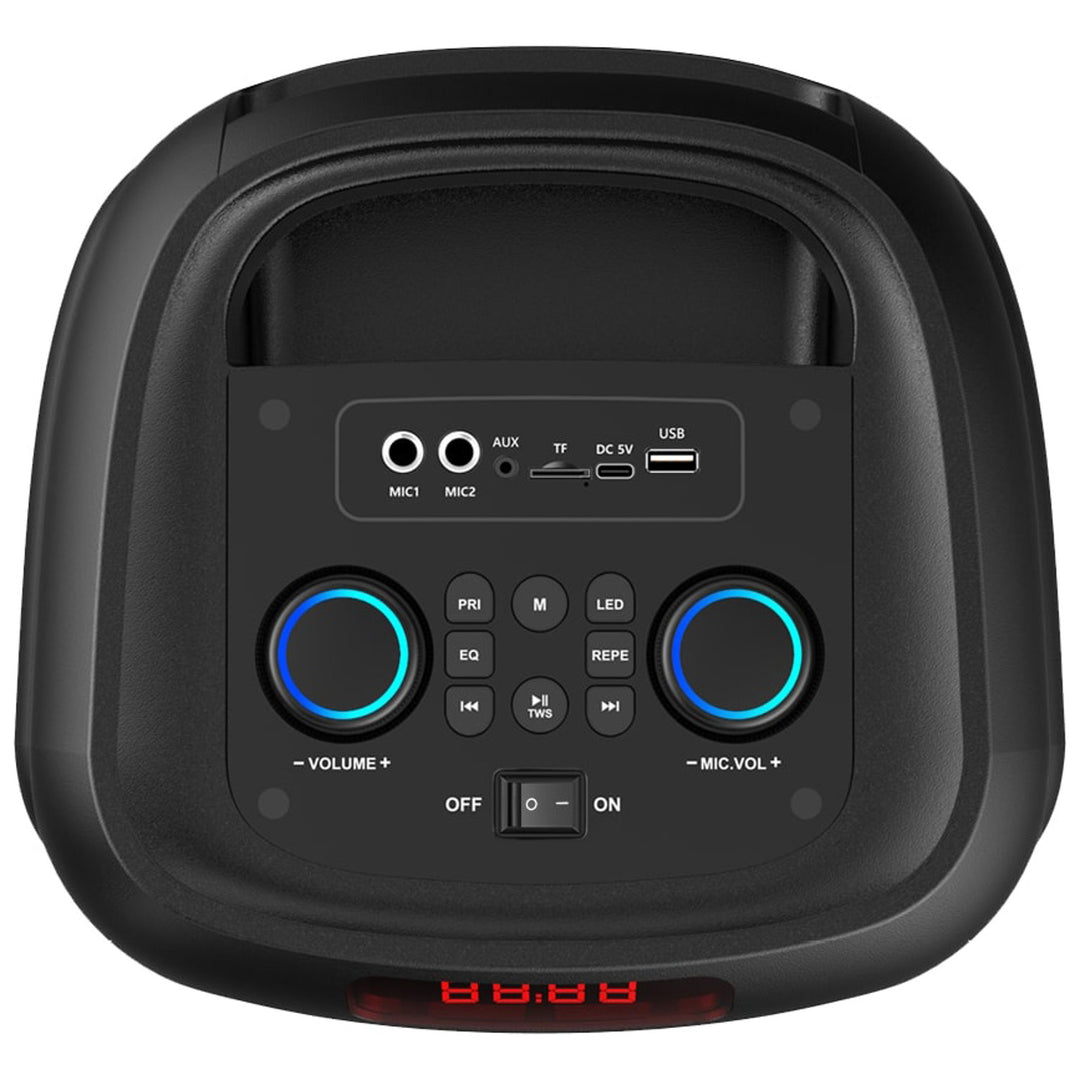 Голям Bluetooth високоговорител, 120 W RMS/1400 W PMPO, два 8-инчови високоговорителя, еквалайзер, караоке функция, MP3/microSD карти, USB, AUX, BT 5.3+EDR, дисплей, LED, вградена батерия, дистанционно управление, MT3185
