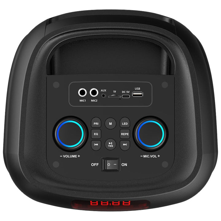 Голям Bluetooth високоговорител, 120 W RMS/1400 W PMPO, два 8-инчови високоговорителя, еквалайзер, караоке функция, MP3/microSD карти, USB, AUX, BT 5.3+EDR, дисплей, LED, вградена батерия, дистанционно управление, MT3185