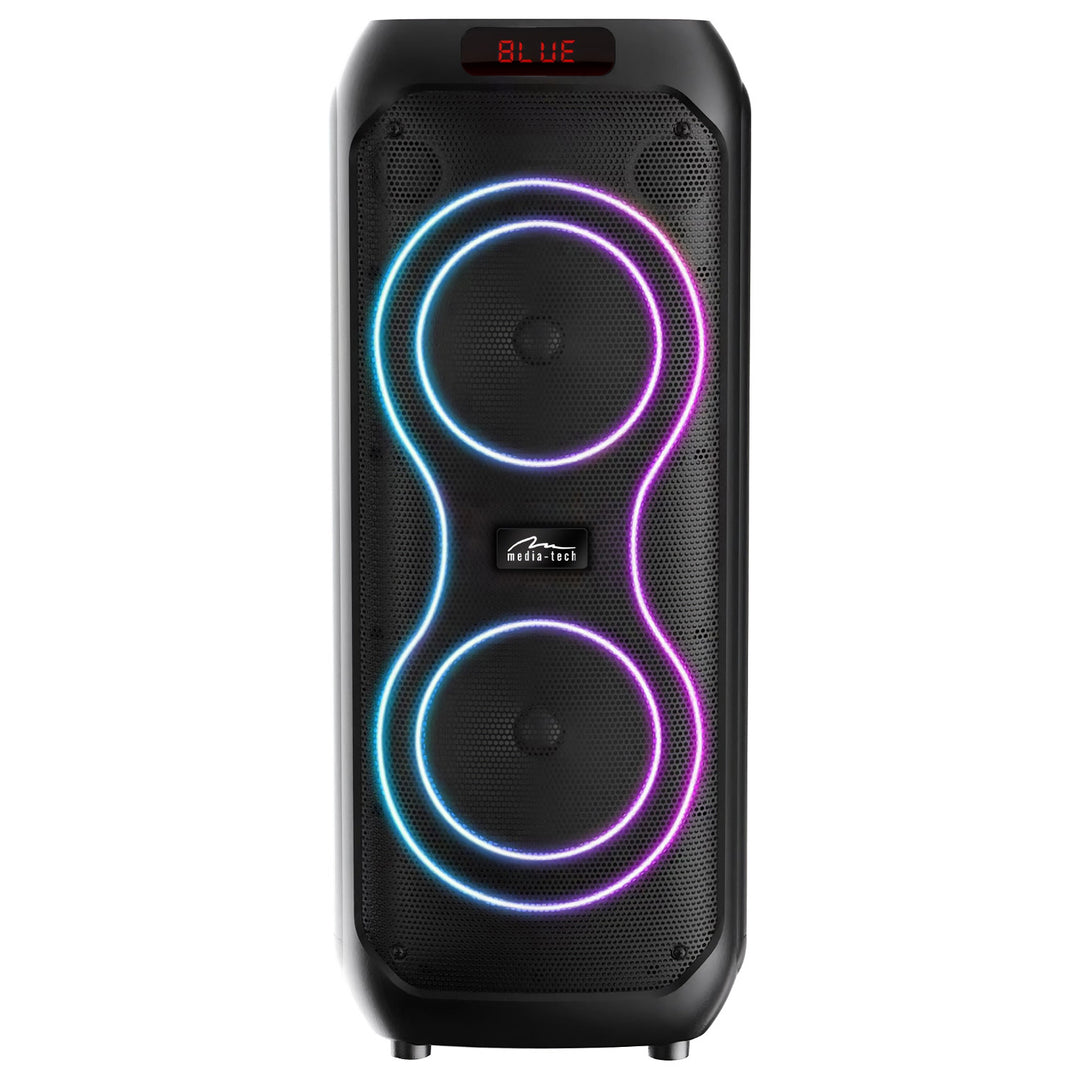 Голям Bluetooth високоговорител, 120 W RMS/1400 W PMPO, два 8-инчови високоговорителя, еквалайзер, караоке функция, MP3/microSD карти, USB, AUX, BT 5.3+EDR, дисплей, LED, вградена батерия, дистанционно управление, MT3185