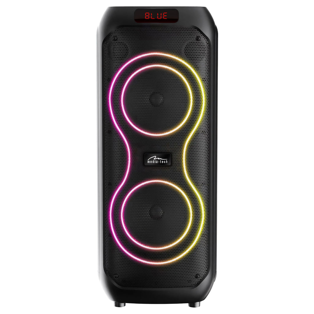 Голям Bluetooth високоговорител, 120 W RMS/1400 W PMPO, два 8-инчови високоговорителя, еквалайзер, караоке функция, MP3/microSD карти, USB, AUX, BT 5.3+EDR, дисплей, LED, вградена батерия, дистанционно управление, MT3185