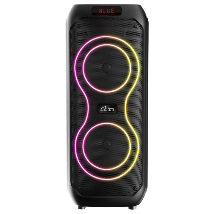 Голям Bluetooth високоговорител, 120 W RMS/1400 W PMPO, два 8-инчови високоговорителя, еквалайзер, караоке функция, MP3/microSD карти, USB, AUX, BT 5.3+EDR, дисплей, LED, вградена батерия, дистанционно управление, MT3185