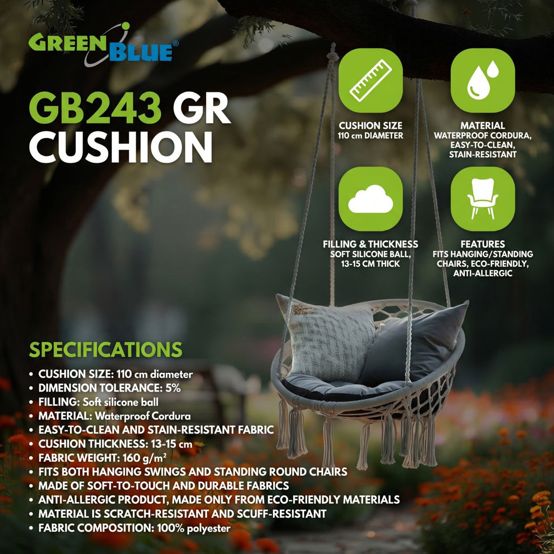 Възглавница GreenBlue, сива, за градина, с мотив „щастие“, 110 см, GB243 GR