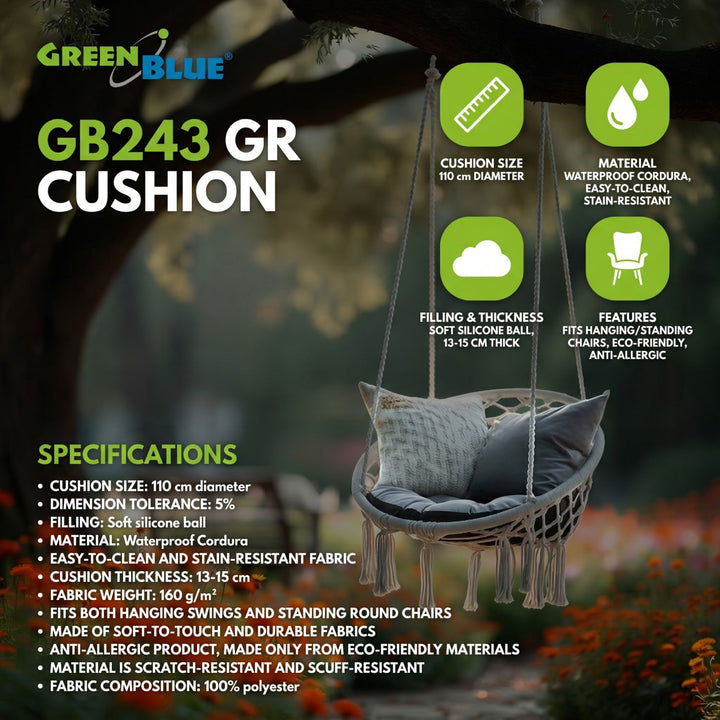 Възглавница GreenBlue, сива, за градина, с мотив „щастие“, 110 см, GB243 GR