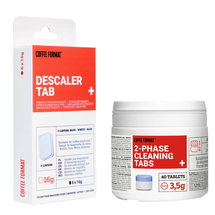 Комплект таблетки за почистване на кафемашина, 2-phase Cleaning TABS+ 40 бр. по 3,5 г + таблетки за отстраняване на котлен камък от кафемашини, Descaler Tab+ 6 бр. по 16 г