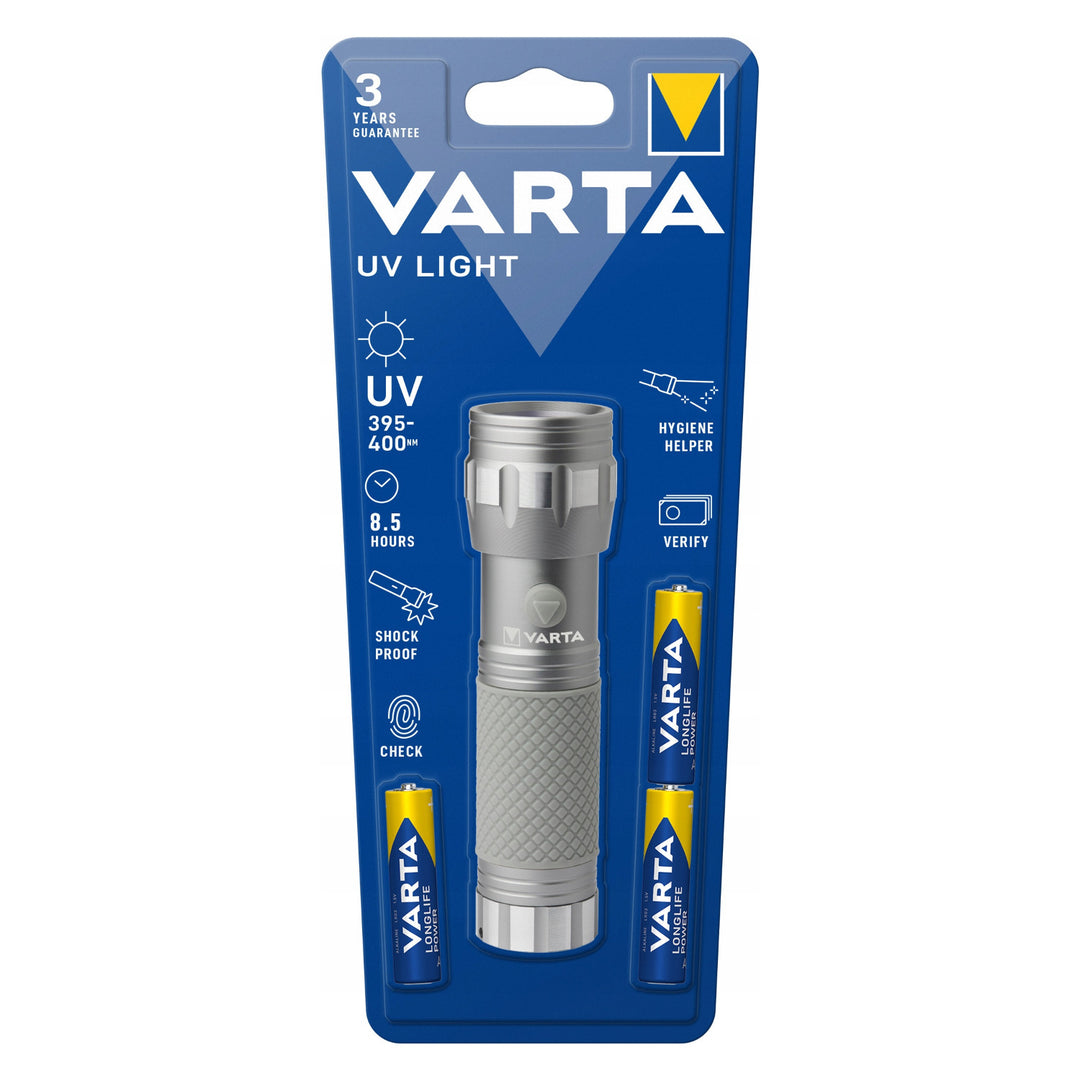 Ръчен UV LED фенер 15638 от алуминий, дължина на вълната на UV лъчите 395–400 nm, технология Multi LED + батерии Varta в комплекта