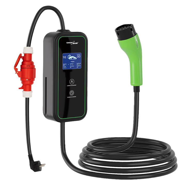 Зарядно устройство за електромобили (EV) / хибридни електромобили (PHEV) GreenBlue, преносимо, тип 2, дължина на кабела 6,8 м, IP65, 11 кВт, 220–380 V променливо напрежение, 50/60 Hz, 16 А, 3 фази, GB1100