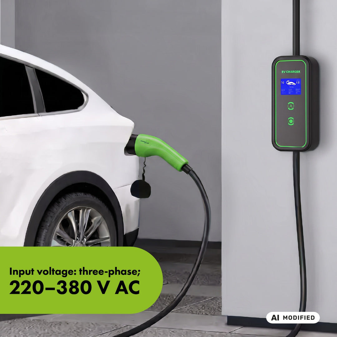 Зарядно устройство за електромобили (EV) / хибридни електромобили (PHEV) GreenBlue, преносимо, тип 2, дължина на кабела 6,8 м, IP65, 11 кВт, 220–380 V променливо напрежение, 50/60 Hz, 16 А, 3 фази, GB1100