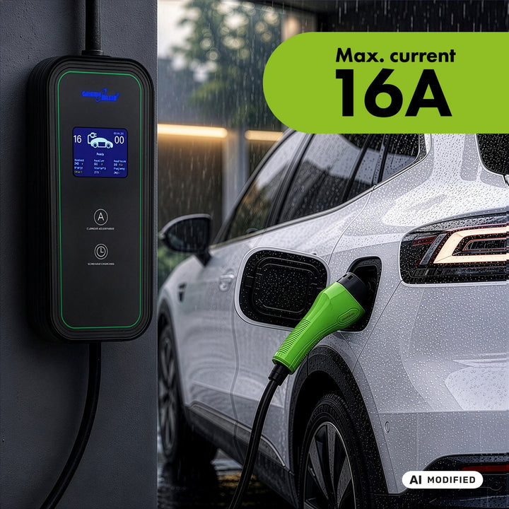 Зарядно устройство за електромобили (EV) / хибридни електромобили (PHEV) GreenBlue, преносимо, тип 2, дължина на кабела 6,8 м, IP65, 11 кВт, 220–380 V променливо напрежение, 50/60 Hz, 16 А, 3 фази, GB1100