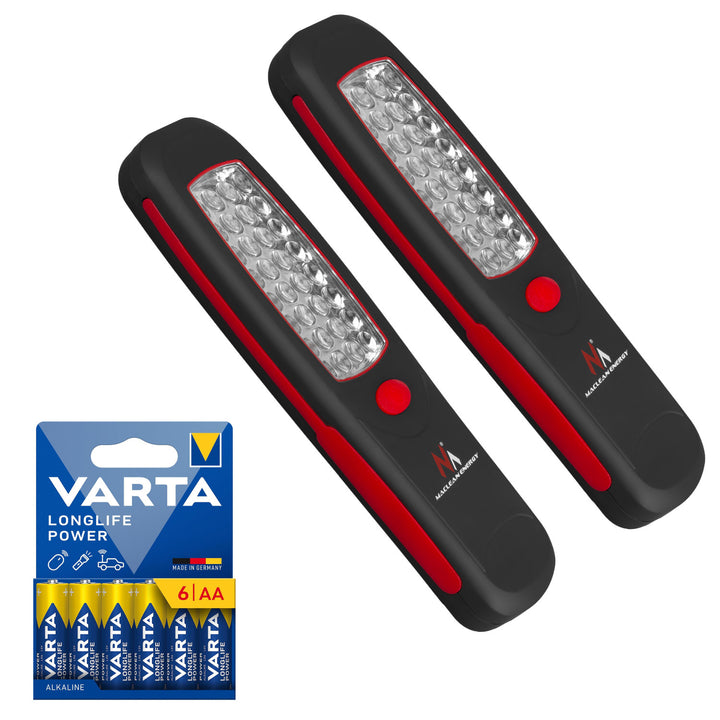 2 бр. работни лампи с 24 LED диода Maclean, магнит, кука, MCE03 + 6 бр. батерии R-06 R06 AA LR06 1,5 V VARTA Longlife Power
