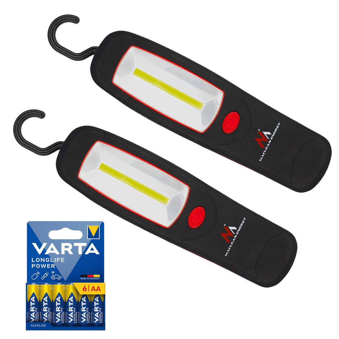 2 бр. COB LED лампа за работилница Maclean, магнит, кука, MCE03 + 6 бр. батерии R-06 R06 AA LR06 1,5 V VARTA Longlife Power