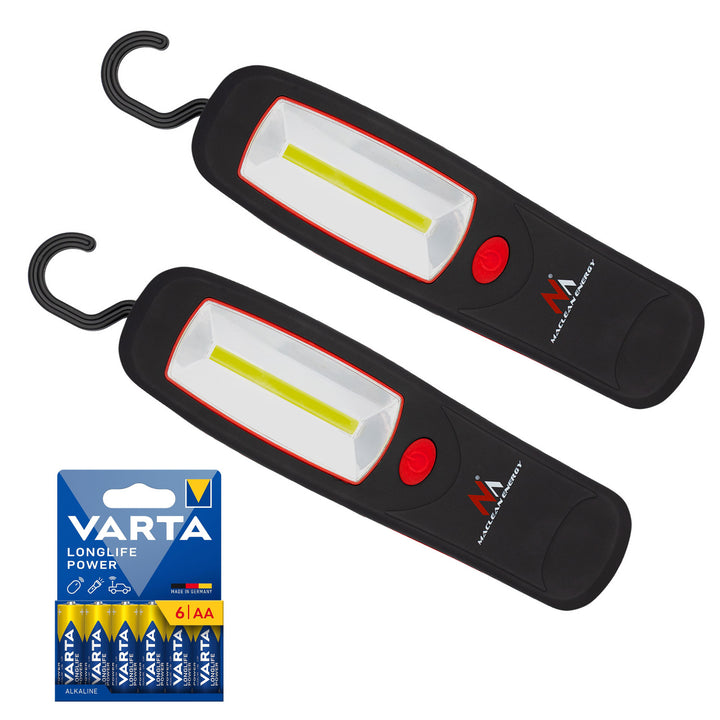 2 бр. COB LED лампа за работилница Maclean, магнит, кука, MCE03 + 6 бр. батерии R-06 R06 AA LR06 1,5 V VARTA Longlife Power