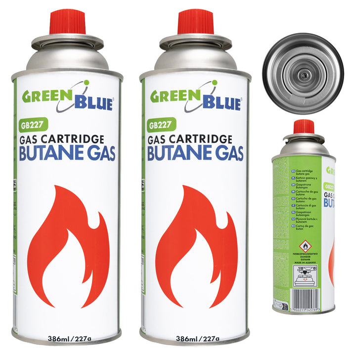 2 газови патрона GreenBlue по 227 г. Сертификат: Pi 0875, в съответствие със стандарт EN417, бутан, работен диапазон от -10 °C до +40 °C, GB227