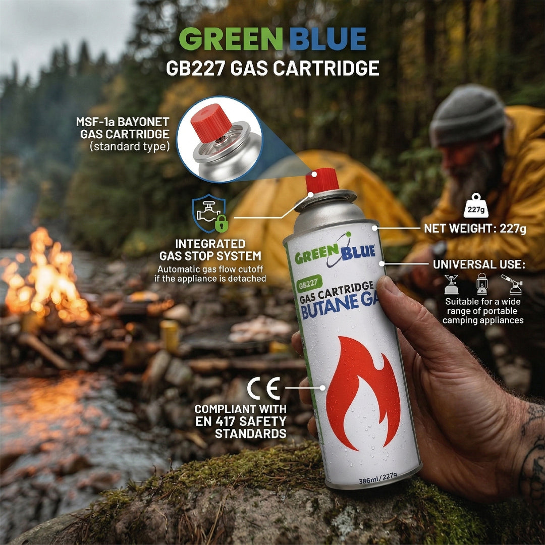 16 газови патрона 227 г GreenBlue. Сертификат: Pi 0875, в съответствие със стандарт EN417, бутан, работен диапазон от -10 °C до +40 °C, GB227