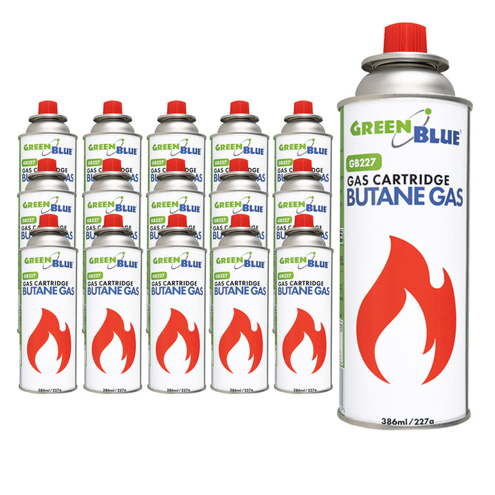 16 газови патрона 227 г GreenBlue. Сертификат: Pi 0875, в съответствие със стандарт EN417, бутан, работен диапазон от -10 °C до +40 °C, GB227