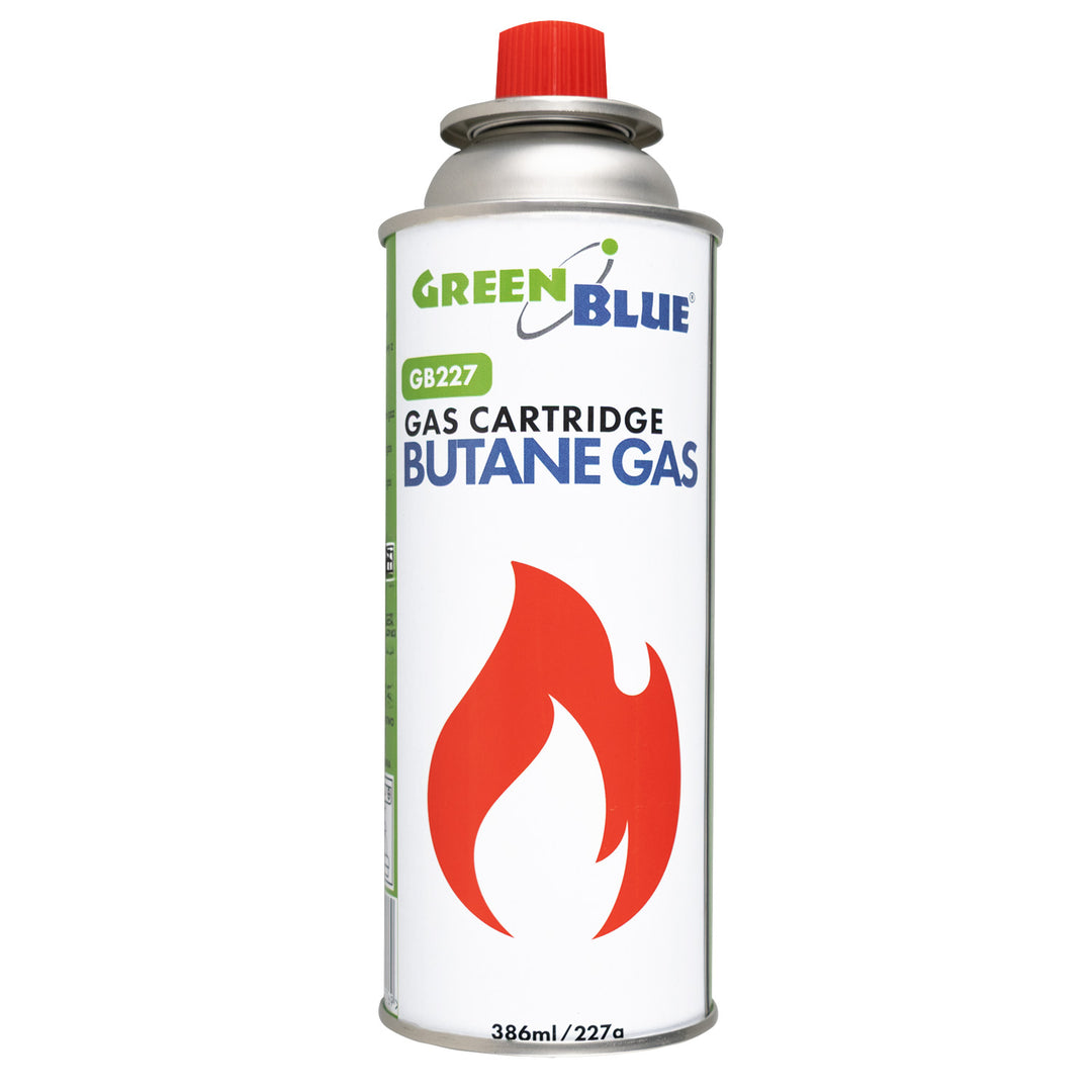 20 газови патрона 227 г GreenBlue. Сертификат: Pi 0875, в съответствие със стандарт EN417, бутан, работен диапазон от -10 °C до +40 °C, GB227