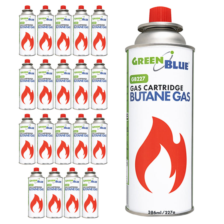 20 газови патрона 227 г GreenBlue. Сертификат: Pi 0875, в съответствие със стандарт EN417, бутан, работен диапазон от -10 °C до +40 °C, GB227