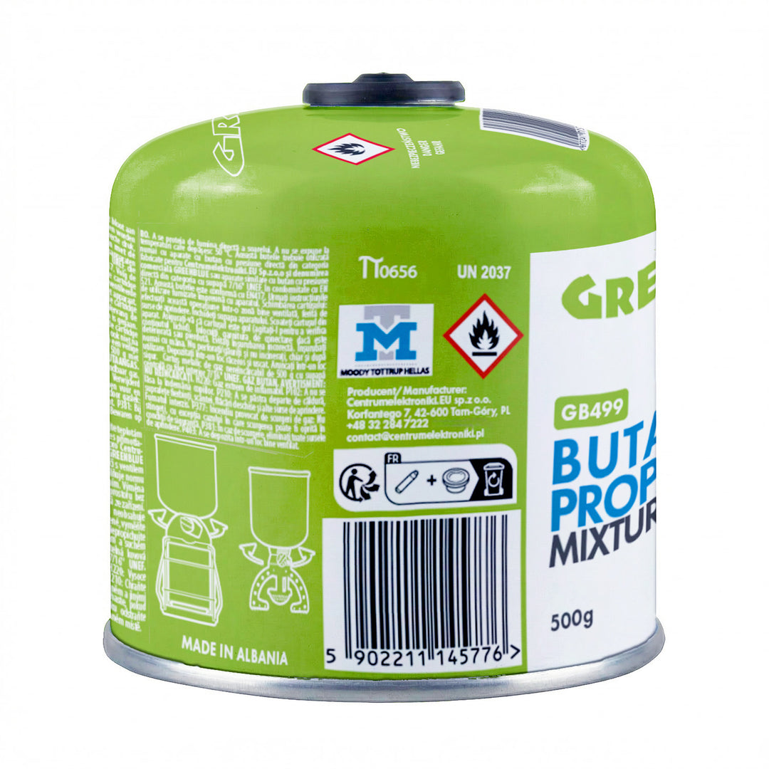 2 газови патрона GreenBlue по 500 г. Сертификат: Pi 0437, в съответствие с EN417, бутан-пропан, работен диапазон от -10 °C до +40 °C, резбован вентил 7/16'' GB499