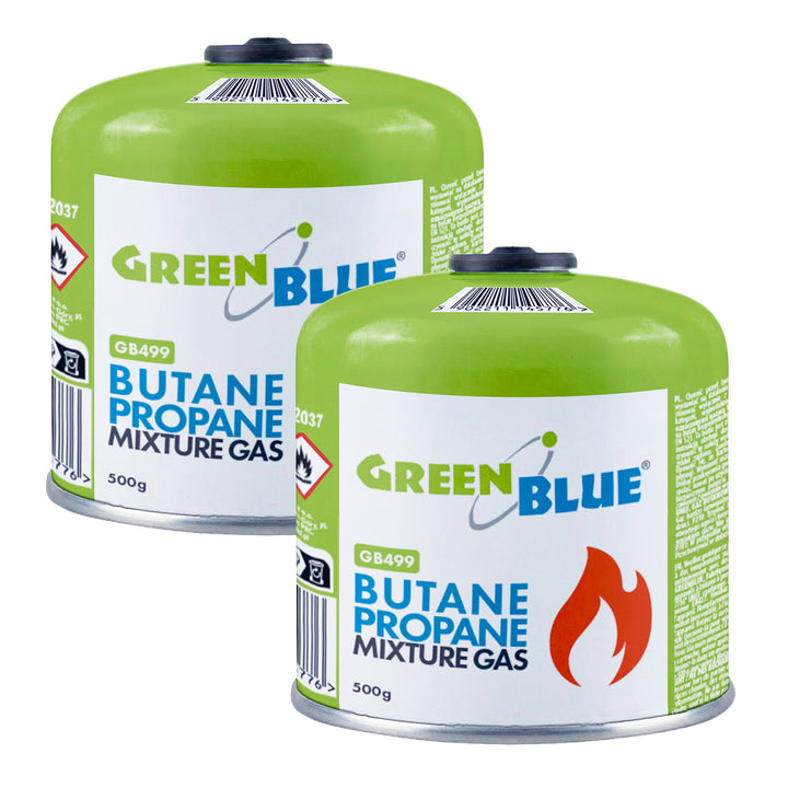 2 газови патрона GreenBlue по 500 г. Сертификат: Pi 0437, в съответствие с EN417, бутан-пропан, работен диапазон от -10 °C до +40 °C, резбован вентил 7/16'' GB499
