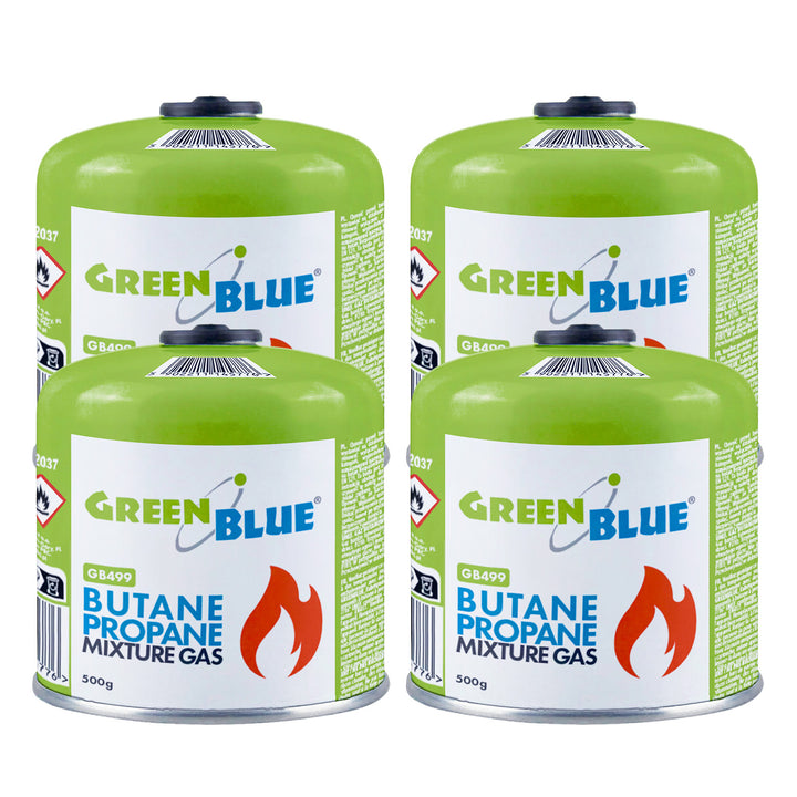 4 газови патрона по 500 г GreenBlue. Сертификат: Pi 0437, в съответствие с EN417, бутан-пропан, работен диапазон от -10 °C до +40 °C, резбован вентил 7/16'' GB499