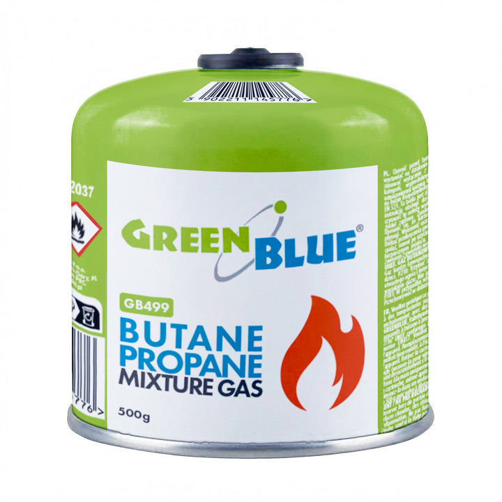 6 газови патрона по 500 г GreenBlue. Сертификат: Pi 0437, в съответствие с EN417, бутан-пропан, работен диапазон от -10 °C до +40 °C, резбован вентил 7/16'' GB499