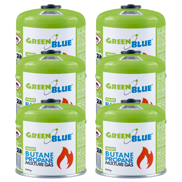 6 газови патрона по 500 г GreenBlue. Сертификат: Pi 0437, в съответствие с EN417, бутан-пропан, работен диапазон от -10 °C до +40 °C, резбован вентил 7/16'' GB499