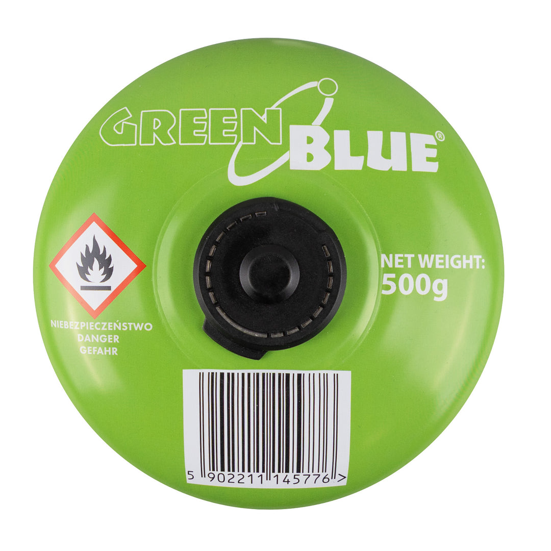 8 газови патрона по 500 г GreenBlue. Сертификат: Pi 0437, в съответствие с EN417, бутан-пропан, работен диапазон от -10 °C до +40 °C, резбован вентил 7/16'' GB499