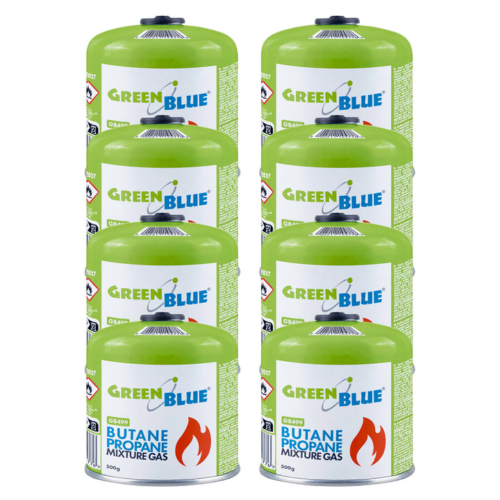 8 газови патрона по 500 г GreenBlue. Сертификат: Pi 0437, в съответствие с EN417, бутан-пропан, работен диапазон от -10 °C до +40 °C, резбован вентил 7/16'' GB499