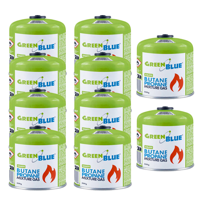10 газови патрона по 500 г GreenBlue. Сертификат: Pi 0437, в съответствие с EN417, бутан-пропан, работен диапазон от -10 °C до +40 °C, резбован вентил 7/16'' GB499