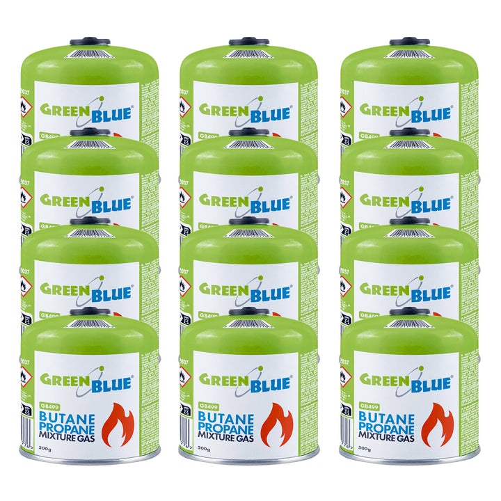 12 газови патрона по 500 г GreenBlue. Сертификат: Pi 0437, в съответствие с EN417, бутан-пропан, работен диапазон от -10 °C до +40 °C, резбован вентил 7/16'' GB499