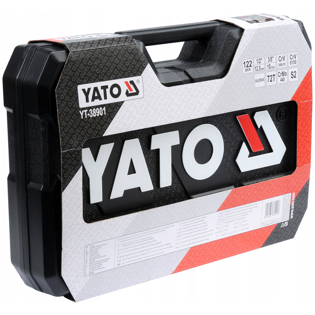 Професионален комплект инструменти Yato, 122 елемента (гаечни ключове, накрайници, отвертки, чук), отвертки с магнитни и закалени върхове, YT-38901