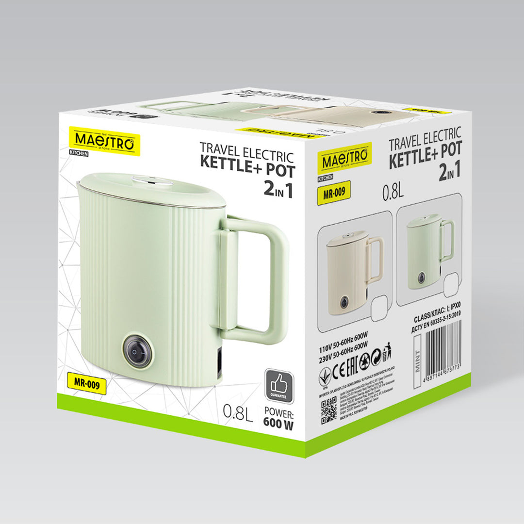 Електрическа кана / пътуваща тенджера Maestro, 2 в 1, обем 0,8 л, мощност 600 W, сгъваема дръжка, превключвател за напрежение 110 V/230 V, ментов цвят, MR-009-MINT