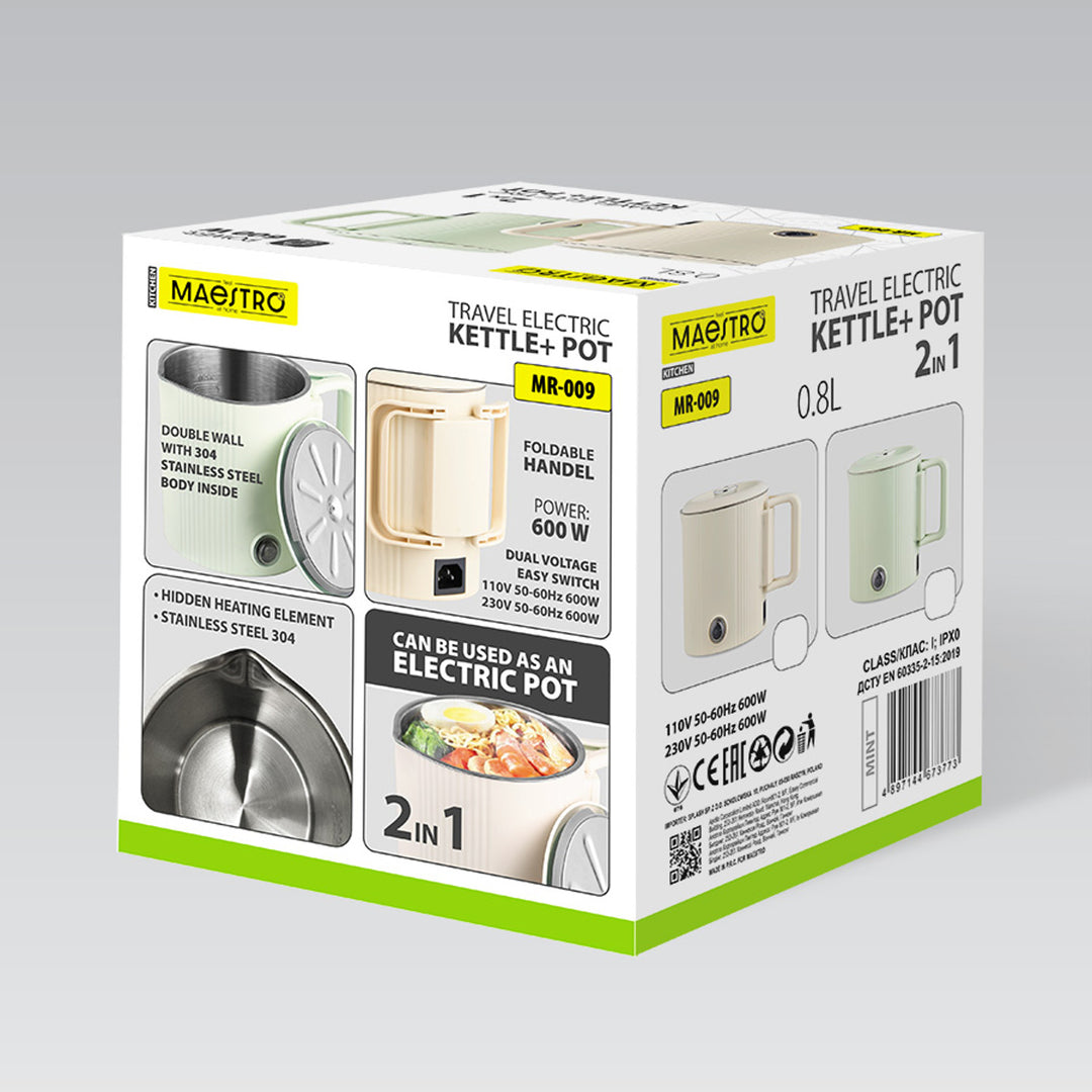 Електрическа кана / пътуваща тенджера Maestro, 2 в 1, обем 0,8 л, мощност 600 W, сгъваема дръжка, превключвател за напрежение 110 V/230 V, ментов цвят, MR-009-MINT
