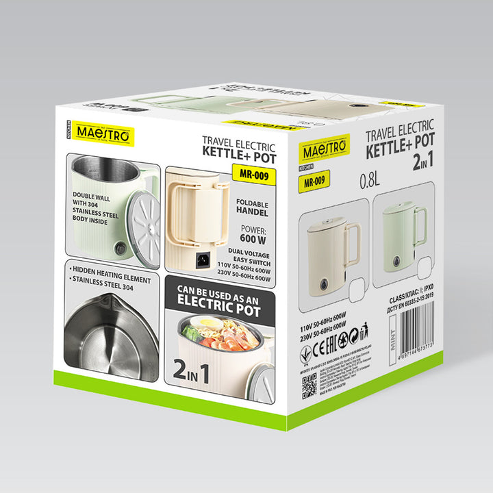 Електрическа кана / пътуваща тенджера Maestro, 2 в 1, обем 0,8 л, мощност 600 W, сгъваема дръжка, превключвател за напрежение 110 V/230 V, ментов цвят, MR-009-MINT