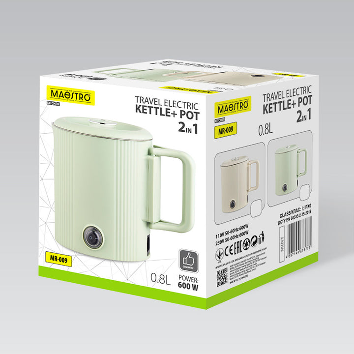 Електрическа кана / пътуваща тенджера Maestro, 2 в 1, обем 0,8 л, мощност 600 W, сгъваема дръжка, превключвател за напрежение 110 V/230 V, цвят бежов, MR-009-BEIGE