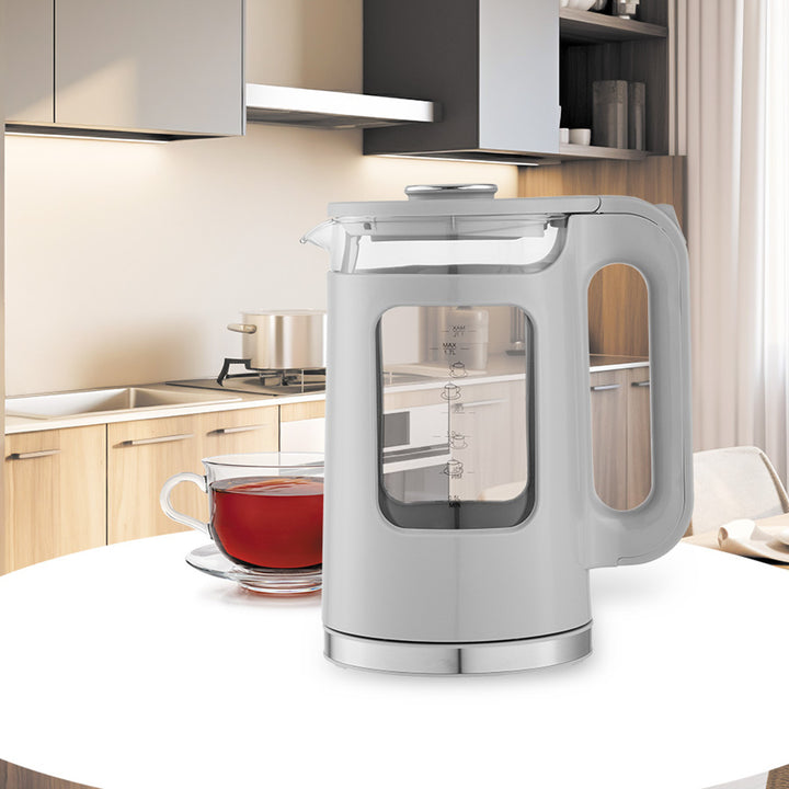 Стъклена електрическа кана Maestro, обем 1,7 л, мощност 2200 W, индикатор за нивото на водата, LED подсветка, въртяща се основа, цвят сив, MR-065-GREY