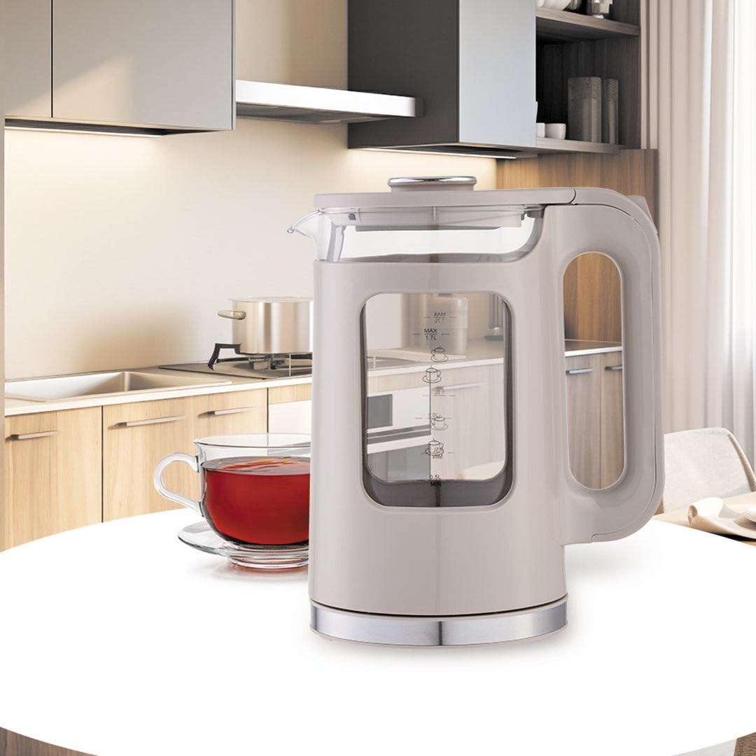 Стъклена електрическа кана Maestro, обем 1,7 л, мощност 2200 W, индикатор за нивото на водата, LED подсветка, въртяща се основа, цвят бежов, MR-065-BEIGE