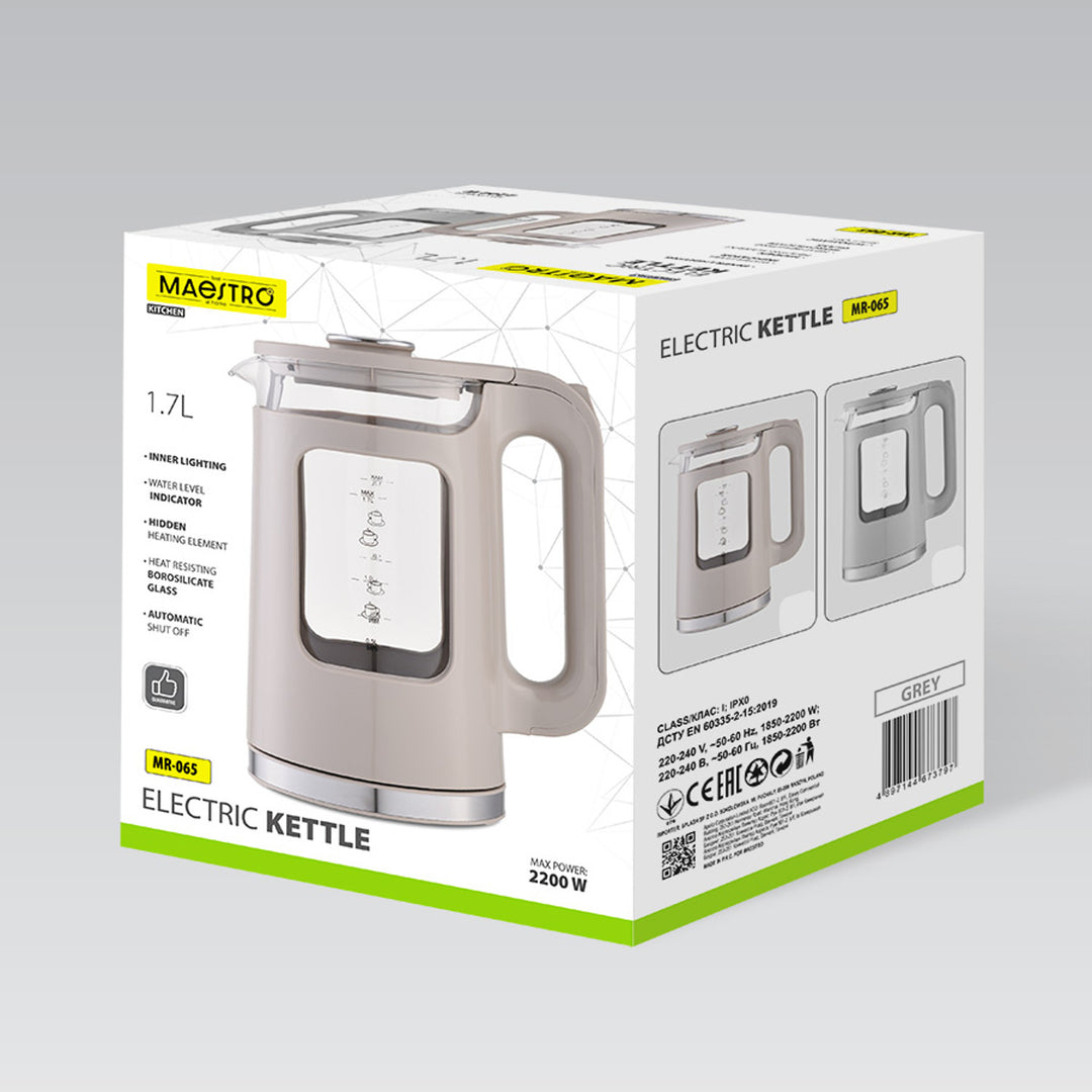 Стъклена електрическа кана Maestro, обем 1,7 л, мощност 2200 W, индикатор за нивото на водата, LED подсветка, въртяща се основа, цвят бежов, MR-065-BEIGE