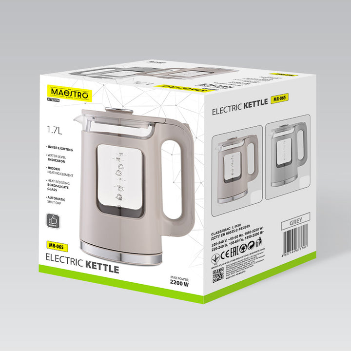 Стъклена електрическа кана Maestro, обем 1,7 л, мощност 2200 W, индикатор за нивото на водата, LED подсветка, въртяща се основа, цвят бежов, MR-065-BEIGE