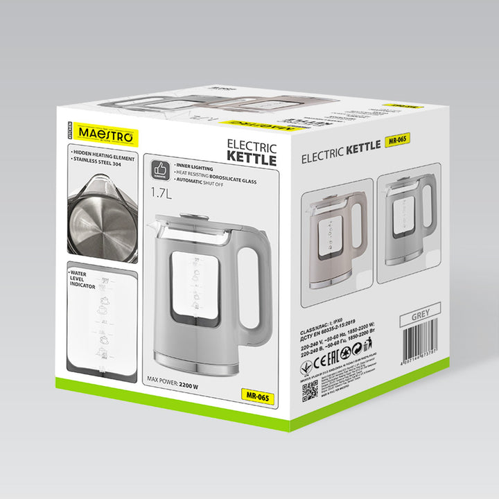 Стъклена електрическа кана Maestro, обем 1,7 л, мощност 2200 W, индикатор за нивото на водата, LED подсветка, въртяща се основа, цвят бежов, MR-065-BEIGE