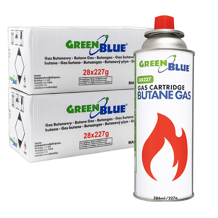 56 газови патрона по 227 г GreenBlue. Сертификат: Pi 0875, в съответствие със стандарт EN417, бутан, работен диапазон от -10 °C до +40 °C, GB227