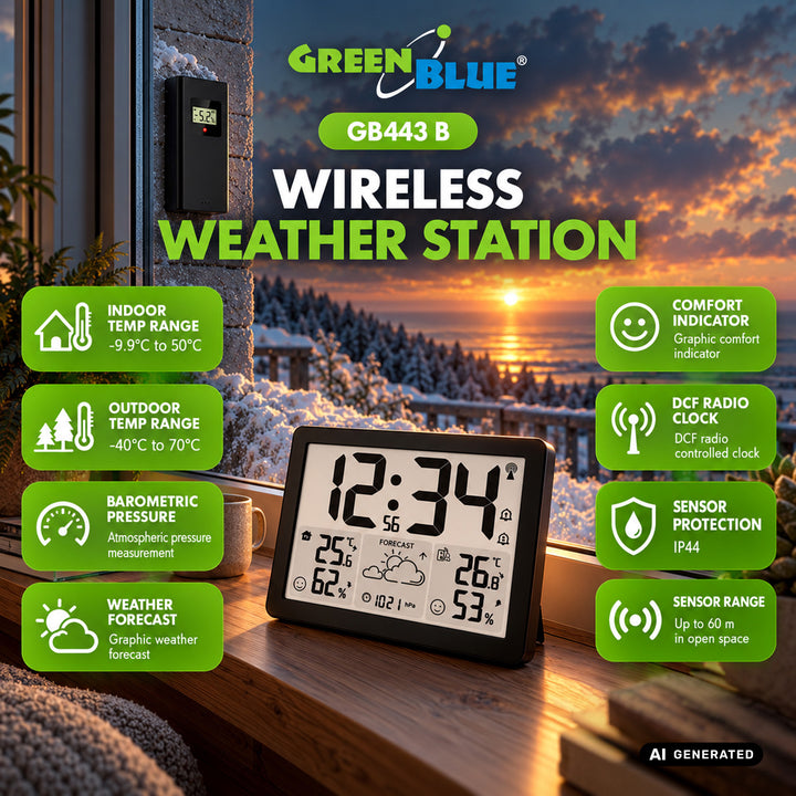 Безжична метеостанция GreenBlue, температура и влажност (вътре/вън), часовник/аларма/дата, °C / °F, обхват до 60 м, GB443 B