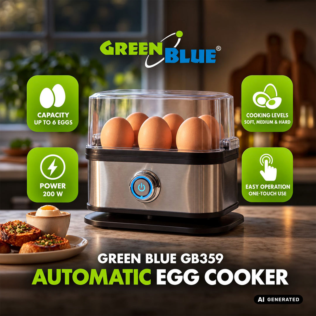 Автоматичен уред за варене на яйца GreenBlue, мощност 200 W, за до 6 яйца, мерителна чаша, 220–240 V~, 50/60 Hz, GB359