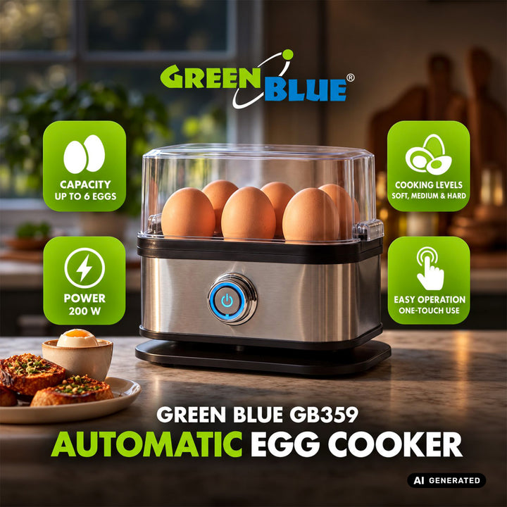 Автоматичен уред за варене на яйца GreenBlue, мощност 200 W, за до 6 яйца, мерителна чаша, 220–240 V~, 50/60 Hz, GB359