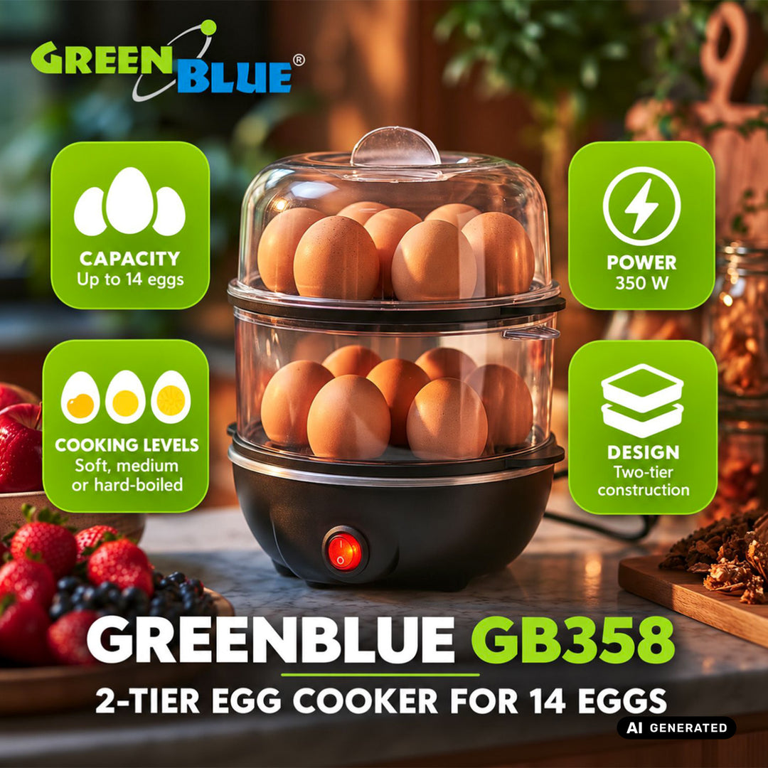 Двуетажен яйцевар за 14 яйца GreenBlue, мощност 350 W, за 14 яйца, 220–240 V~, 50/60 Hz, GB358