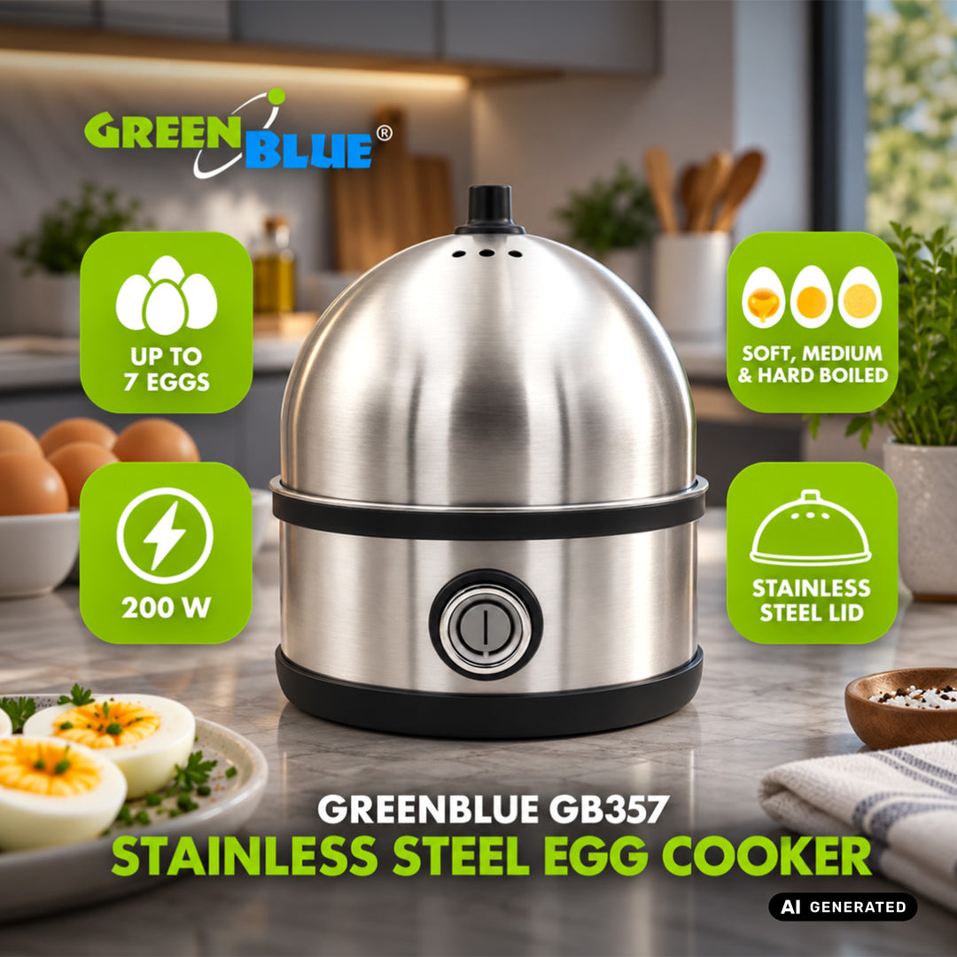 Яйцеварка от неръждаема стомана GreenBlue, мощност 200 W, за до 7 яйца, мерителна чаша, 220–240 V~, 50/60 Hz, GB357